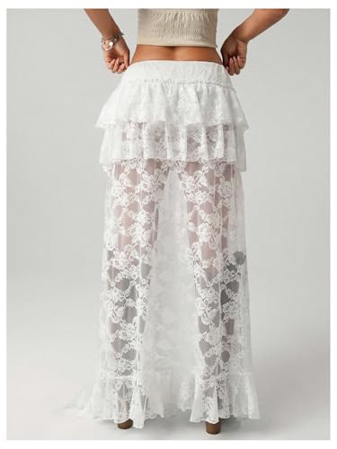 SHENHE Women's Western Y2k Lace Maxi Skirt Tiered Ruffle High Low Renaissance Boho Fairy Skirt3