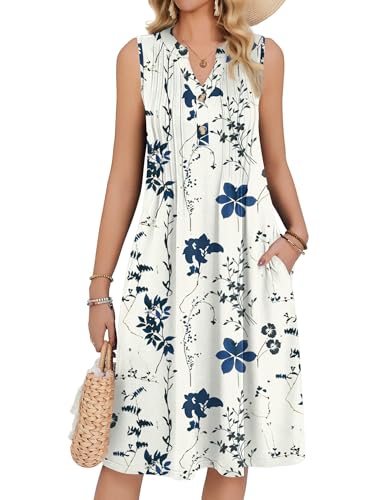 Zeagoo Women's V Neck Floral Summer Sundresses Midi Casual Pleated Knee Length Sleeveless Tank Dress with Pockets
