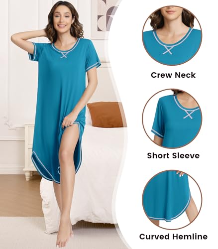 Image of NACHILA Women's Nightgowns-Viscose Made from Bamboo,Short Sleeve Sleepshirts Crew Neck Nightshirt Soft Sleep Dress