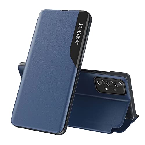 NEINEI Antichoc Coque pour Samsung Galaxy A52/A52s 5G,Étui Housse en Cuir à Rabat avec Clear Afficher Fenêtre,Smart Wake-up,Fonction Support Mirror Flip Case Cover,Bleu