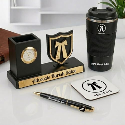 Image of Giftana 2 in 1 Personalized Desk Table Organizer with Pen Gift Set for Doctors, Customized Pen Stand Table Clock & Calendar 4 in 1 Advocate Symbol