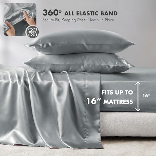 Image of Madison Park Essentials Satin Sheets Split King Size Bed Set, 7 Piece, Grey | Luxury and Smooth Silky Bedding with Natural Sheen, All Around Elastic 14 inch Pocket fits up to 16 inch Mattress, Year-Round Cozy