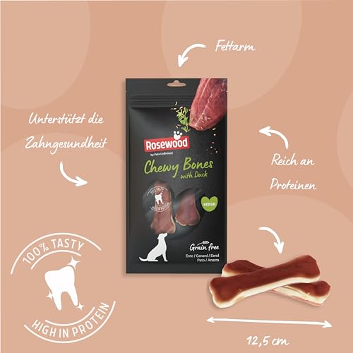 Rosewood Chewy Bones Ente Medium – Kauknochen für Hunde, Kausnack aus Rinderhaut mit Ente, unterstützt die Zahnpflege, ohne Getreide, ohne künstliche Zusatzstoffe, 80 g