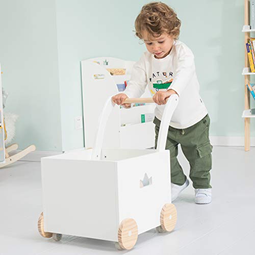 Crown Children 2-in-1 Baby Learning Walker -Toddler Baby Push Walker-Wooden Strollers with Blocks - Toys with Wheels for Girls Boys 1-3 Years Old, Wagon Toy Walkers Sturdy Construction (Square)