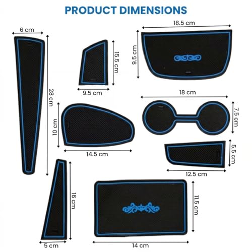 Image of Car Drome | Door Cup Bottle Mat Set for Kia Seltos 2019 to 2022 | Premium Non Slip Rubber Inserts | Custom Fit 15 Pieces | Blue Trim Interior Car Accessories | Dustproof Washable Car Styling