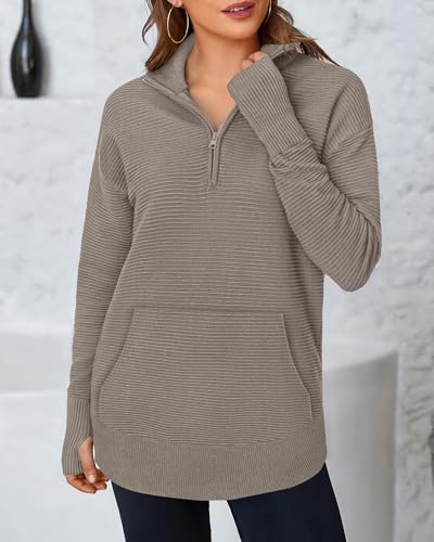 BTFBM Sweaters for Women Fall Clothes 2026 Pocket Quarter Zip Pullover V Neck Long Sleeve Knit Trendy Winter Sweater(Khaki, Medium) — view 2