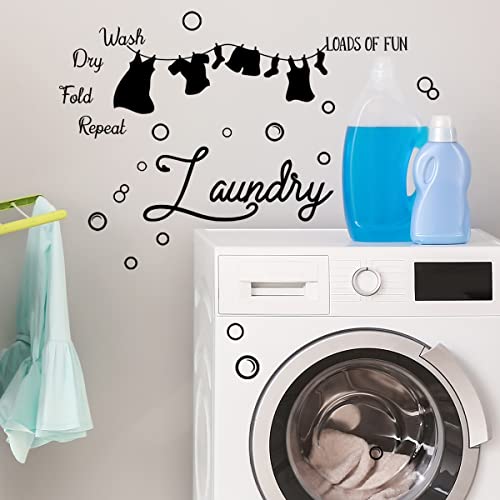 Laundry Room Vinyl Wall Decals Wash Dry Fold Repeat Signs Wall Stickers Loads Of Fun Bubble Stickers Peel And Stick Lettering Vinyl Art Wall Decor Supplies #TOP2