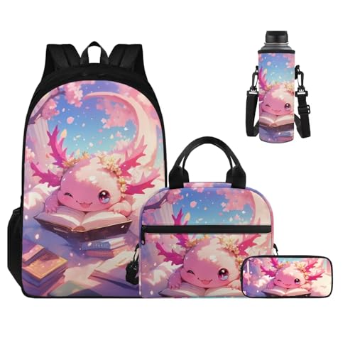 Ystardream Aesthetic Axolotl Elementary School Backpack for Girls Backpack with Lunch Box Set of 4 School Backpacks Matching Combo for Girls - Funny Bookbag and Pencil Case Bundle 7Th Grade Kids