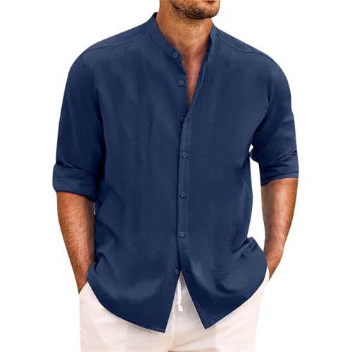 Mens Cotton Linen Shirt Long Sleeve Mandarin Collar Button Down Shirt Lightweight Breathable Beach Tops2