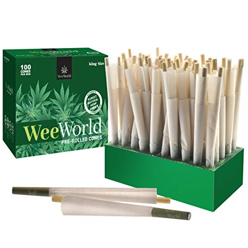 WeeWorld 100-Pack Pre-Rolled Hemp King Size Cones - 100 Count Natural and Organic Cones - Convenient Ready to Use Rolled Paper Contains Pure Hemp and Unbleached Fiber Slow Even Burn