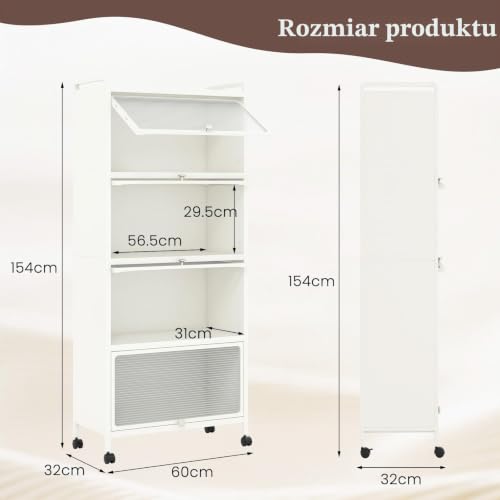 GIANTEX Szafka kuchenna, szafka do przechowywania, szafka kuchenna stojąca na kółkach, komoda kuchenna, regał kuchenny 5 poziomów z otwieranymi na górze drzwiami, regał stojący, szafka wysoka z