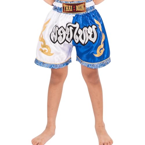 MUAY NATION Pantalones Cortos de Muay Thai para Niños (2 Años - 12 Años) Niñas Niños Pantalones de Boxeo para Kickboxing MMA Artes Marciales (FR/ES, Edad, 4 años, 6 años, Regular, Blanco/Azul) - imagen 3