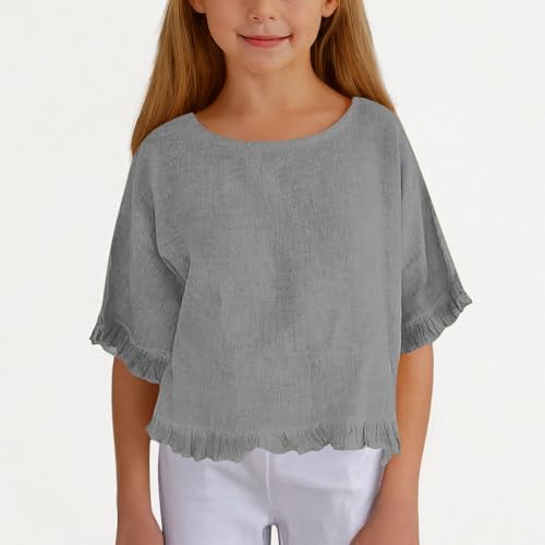 Kids White Tee Shirts Pack Cotton and Linen Five Point Sleeves Girls' Solid Color Casual Tops Grey T Shirts for Girls2