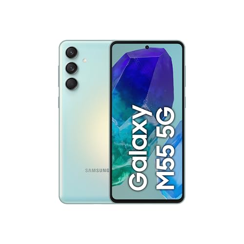 موبايل سامسونج جالاكسي M55 شبكة الجيل الخامس 5G يعمل بنظام أندرويد بشريحتي اتصال وذاكرة رام 8 جيجابايت وسعة تخزينية 128 جيجابايت، لون أخضر فاتح، ضمان لمدة عام/إصدار محلي