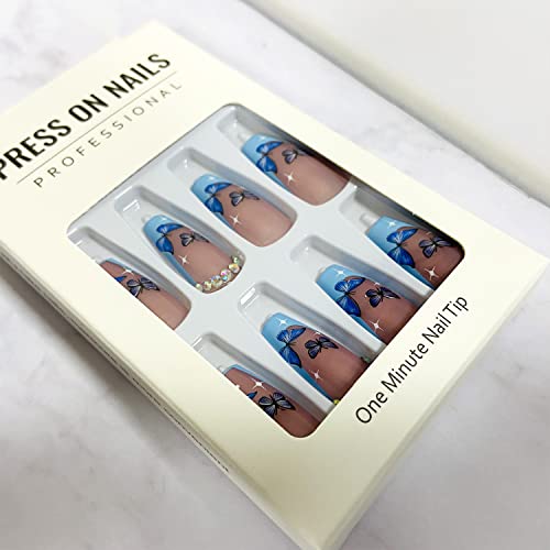 Tyuimhx Ballerina French Tip Press On Nails Medium Length, Square Blue Butterfly Design Fake Nails Nude With Rhinestones False Nails Full Cover Glue On Nails Acrylic Artificial Nails Stick On Nails 24Pcs thumb #2