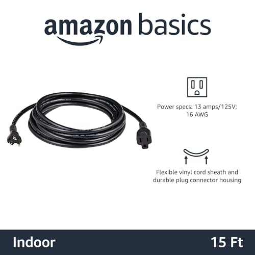Image of Amazon Basics Extension Cord, 15 Ft, 3-Prong Outlet Extender, Indoor, 13 Amps, 125V, Black