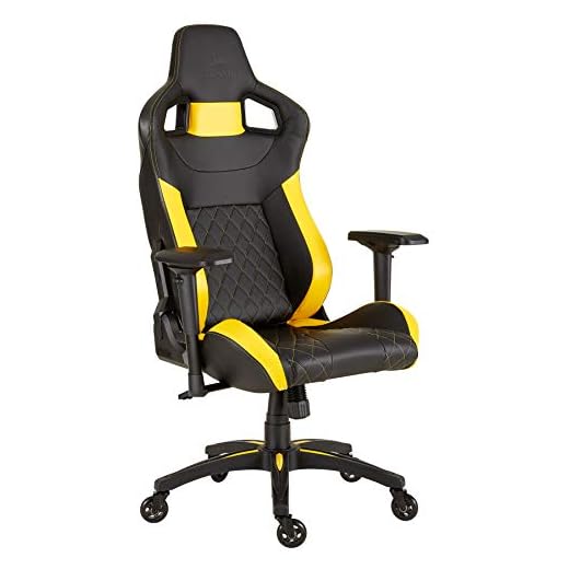 Corsair T1 Race (Spelstol i Konstläder, Enkel Montering, Ergonomisk Svängbar Stol, Justerbar Höjd och 4D-Armstöd, Stöd för Ländryggen, Bekväm med Liggstöd) Svart/Gul
