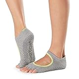 ToeSox Women's Bella Half Toe Grip Non-Slip for Yoga, Pilates, Barre, Ballet Toe Socks (Heather Grey/Lime Trim) Medium