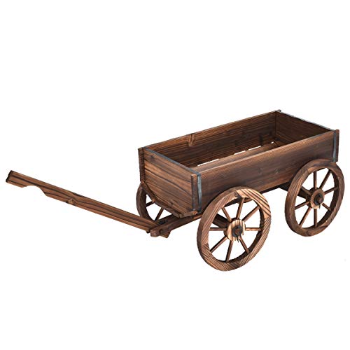 GIANTEX Carro de Jardín de Madera de Abeto con 4 Ruedas Grandes, Mango Largo, Ajustable, Ideal para Jardín Exterior, Marrón