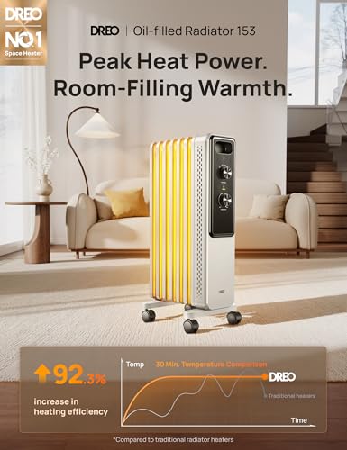 Image of DREO Oil Filled Radiator Heater, Electric Heaters for indoor use Large Room | Dual Knobs, Energy Saving, 1500W Quiet Oil Filled Radiator for Bedroom, Adjustable Thermostat, 8 Safety Protection, White