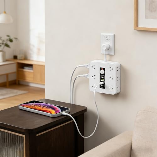 Diyeeni Protector eléctrico 16 en 1 con 12 tomas, 2 puertos USB C y 2 USB A, cable de 2 m miniatura 4