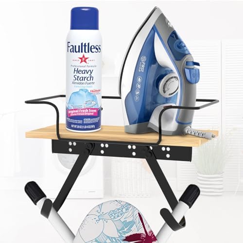 Ironing Board Wall Hanger With Storage Basket — Black Wooden Base, Metal Hooks, Holds Iron & Board | Laundry Room Organizer