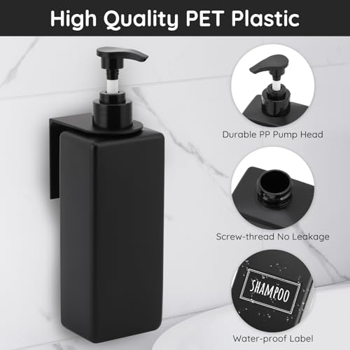 Image of Segbeauty Wall Mounted Shower Dispenser, 3pcs 16.9oz Drill Free Matte Black Bathroom Soap Dispenser Set, 500ml Refillable Shampoo and Conditioner Bottles Plastic Pump Bottle Dispenser with Labels