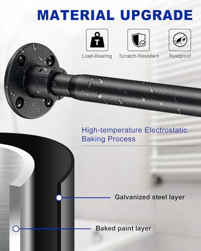Image of Black Shower Curtain Rod, Adjustable for Bathroom 48-64 Inch, Heavy Duty Non-Slip Wall Mount, 1 inch Diameter Shower Rod with Rustproof Coating