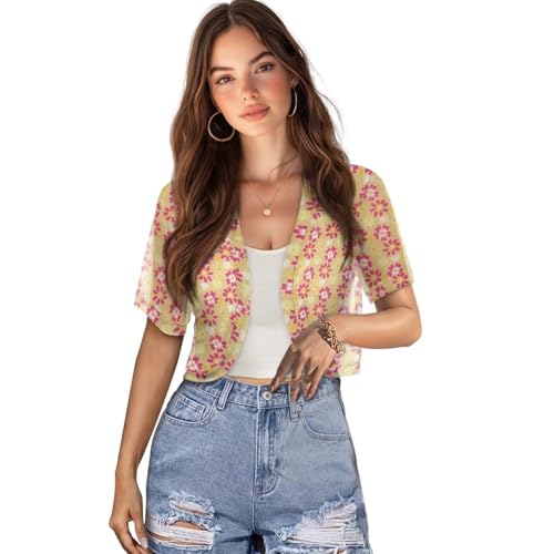 Image of Womens Short Sleeve Bolero Shrug Open Front Knit Cropped Cardigan Shoulder Cover for Dress Cute Casual Knit Cover Up