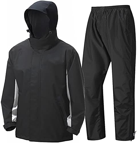 WELEYCLORE Motorcycle Rain Suit for Men 2 Piece (Jacket & Pant) Rain Gear Reflective Waterproof Rainwear Black