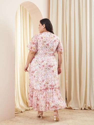 Image of Miss Chase A+ Women's Floral Wrap Chiffon Maxi Dress with Flutter Sleeves Frilled Hem