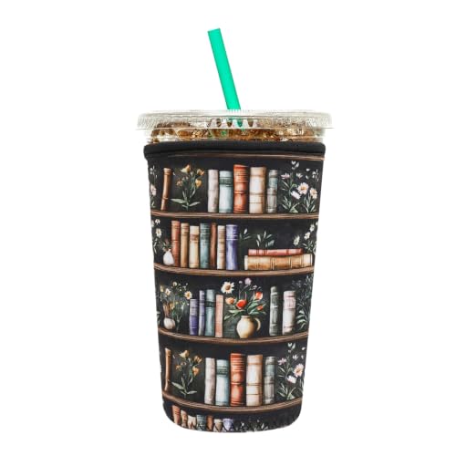 Image of Insulated Neoprene Cup Sleeve for Iced Coffee & Cold Soda - Reusable & Sweatproof, Keeps Drinks Cold Longer, Coffee Coolie for Hot & Iced Drinks (Bookshelf & Floral, Medium: 22-24oz)