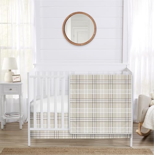 Image of Sweet Jojo Designs 3-Piece Baby Crib Bedding Set (Tan Gingham Plaid) for Boys /Girls, Infants /Nursery incl. Blanket, Fitted Sheet and Skirt (Checkered, Classic Tartan, Rustic Farmhouse, Modern Neutral)