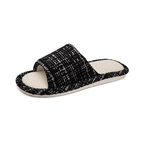 AiJiaTu Unisex Adult Black Cotton Linen Blend Slippers, Open-Toe, Flat Heel, Size 8.5-9 Women/7-7.5 Men