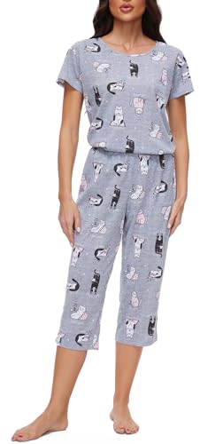 Image of CHUNG Women Cotton Pajama Sets Sleepwear pjs Short Sleeve Shirt Capri Length Crop Pants Cute Vivid Print