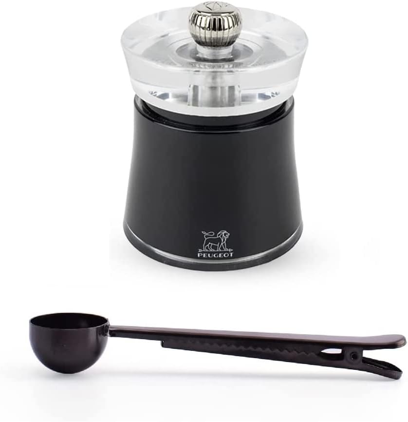 Peugeot Bali Acrylic Black Pepper Mill Gift Set 3.15" - With Stainless Steel Spice Scoop/Bag Clip