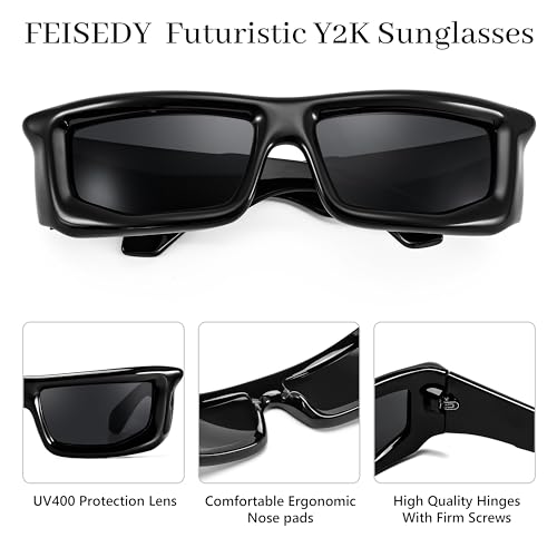 FEISEDY Trendy Cool Sunglasses For Women Men, Fashion Rectangle Thick Chunky Futuristic Glasses B91334