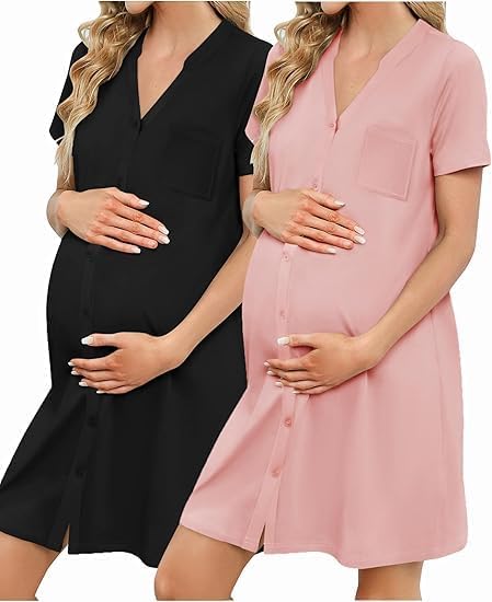 ELESOL 2 Pack Maternity Nightgown Button Down Nursing Gown 3 in 1 Breastfeeding Sleepwear V Neck Short Sleeve Delivery Dress