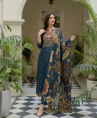 Image of ANNI Designer Women's Viscose Blend Printed Straight Kurta with Pant & Dupatta | Ethnic Suit Set for Women | Festive Kurta Set | Casual Office Traditional Outfit
