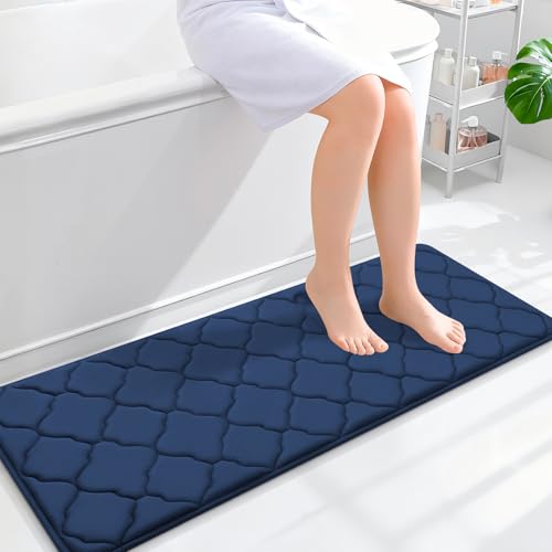 OLANLY Memory Foam Bath Mat Rug 47x17, Soft and Absorbent Bathroom Rugs, Non-Slip, Comfortable, Machine Washable Bath Carpet for Bathroom Floor, Tub, Shower and Home Decor Accessories, Navy