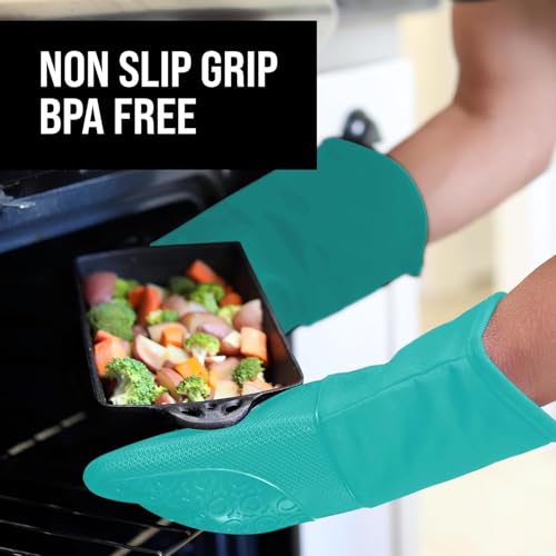 Image of BPA-Free Soft Silicone Oven Mitts - Ultra Heat Resistant Oven Mitts with Thick Cotton Liner - Long Slip Resistant Pot Holders, Flexible Oven Gloves - Turquoise 13.7 inch
