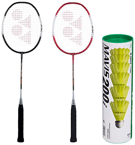 Image of Yonex ZR 100 Light Aluminum Blend Badminton Racquet with Full Cover, Set of 2 (Black /Red) & Mavis 200i Nylon Shuttle Cock, Pack of 6 (Yellow)