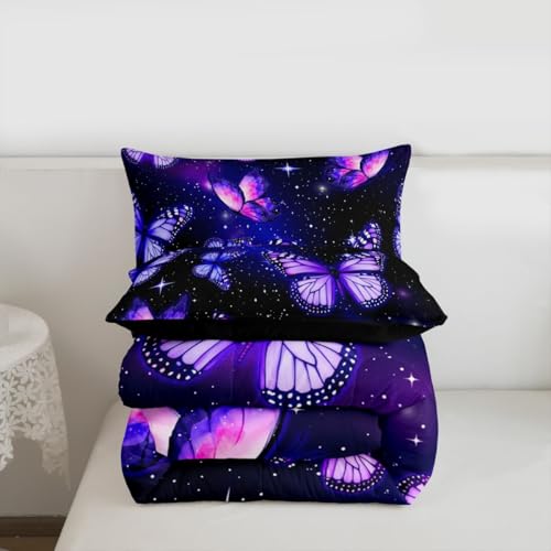 Image of Erosebridal Purple Butterflies King Size Comforter Set for Kids Teens Adults,Starry Sky Galaxy Bedding Sets,Dreamy Butterfly Duvet Insert,Neon Wildlife Quilt Bedroom Decor