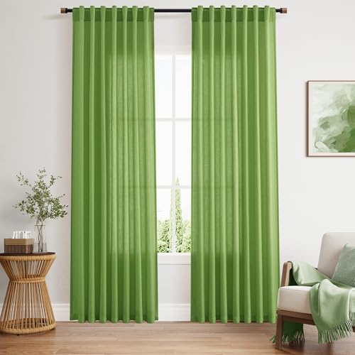 Image of Lime Green Linen Curtains 84 Inches Long, Back Tab Light Filtering Semi Sheer Privacy Drapes for Living Room & Bedroom Simple Style, 52x84 inch, 2 Panels