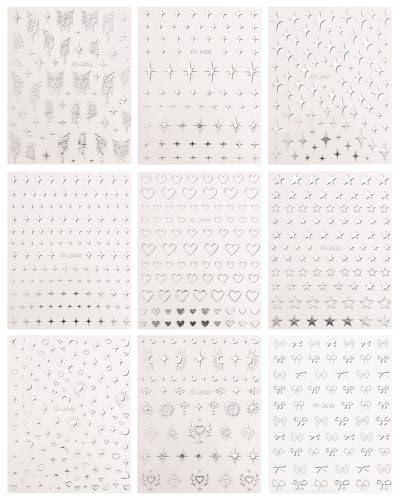 JMEOWIO 9 Sheets Silver Moon Star Butterfly Nail Art Stickers Decals Self-Adhesive Nail Supplies Design Decoration Accessories