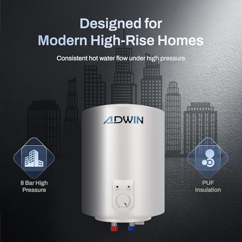Image of ADWIN GRANDE 15L Storage Water Heater (Geyser) | Glass Lined Tank | 8 Bar High Pressure | Copper Heating Element | PUF Insulation | Hard Water Resistant | 2 Year Product & 7 Year Tank Warranty