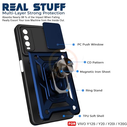 Image of Armor Bumper Back Cover Case for Vivo Y12s / Y20 / Y20i / Y20G | Rotating Camera Cover, Ring Holder & Kickstand | Heavy Duty & 360 Degree Protection Back Cover (Blue)