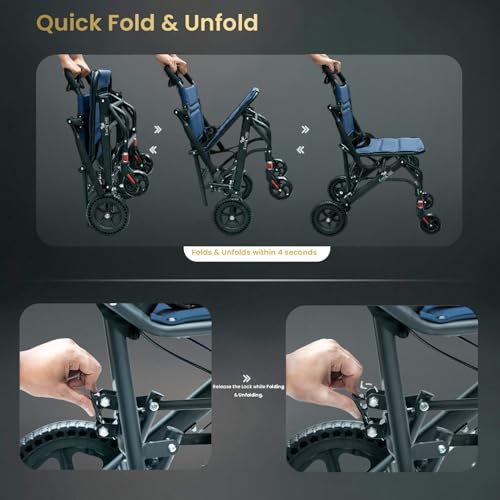 Image of EASYCARE - Portable, Metal, with Attendant Break, feature Safety Belt, Back Pocket and Carry Bag, Easy for Mobility Travelling Wheelchair (Blue Travel Wheelchair)
