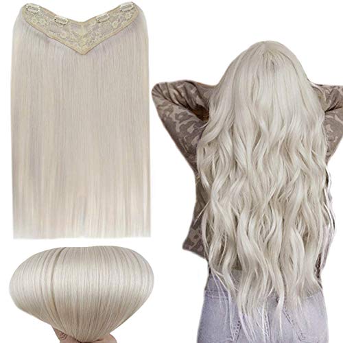 RUNATURE Real Hair Extensions Clip in Human Hair 16 Inches White Blonde Extensions V Shape Hair One Piece Clip in Hair Extensions for Women