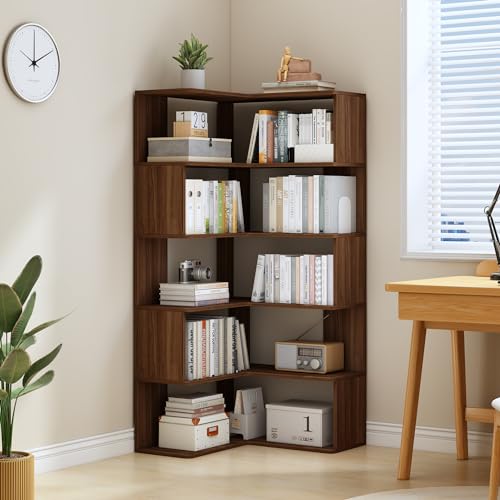 IOTXY 6-Tier L-Shaped Corner Bookshelf - 66" Tall Wooden Freestanding Bookcase with Open Shelf Units, Walnut IOTXY 6-Tier L-Shaped Corner Bookshelf - 66" Tall Wooden Freestanding Bookcase with Open Shelf Units, Walnut
